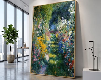 Monet Style, Vibrant Floral Garden Path Canvas, Colorful Blooming Flowers, Nature Landscape Canvas, Peaceful Outdoor Scene Decoration