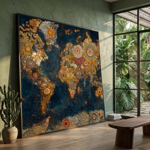 Gustav Klimt-inspirerad, abstrakt världskarta på canvas, modern geografidekor, cirkulär mönsterdesign, väggbonad för hemmakontor