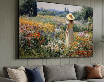 Childe Hassam Inspired Woman in Floral Meadow Canvas Wall Art, Impressionist Garden Landscape, Vintage Nature Scene for Home Decor