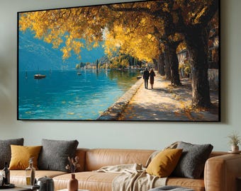 Autumn Stroll at Lake Como Canvas, Italian Lakeside Walkway Wall Art, Romantic Nature Scene Canvas, Autumn Yellow Trees Decoration