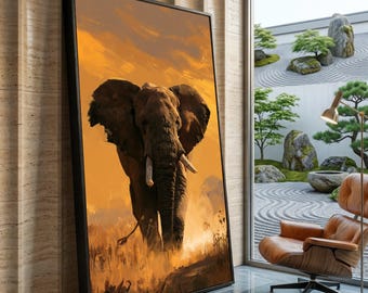 Majestic Elephant at Sunset Canvas, Wildlife Safari Art, African Animal Canvas Wall Decor, Nature Landscape Illustration, Home Decoration