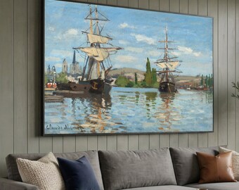 Claude Monet; Schiffe auf der Seine bei Rouen 1872, Segelboote Hafen Szene, Segelschiffe Leinwand,