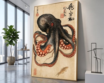 Vintage-Illustration eines japanischen Oktopus auf Leinwand, Wandkunst mit Meeresmotiven, Dekoration mit asiatischen Meerestieren, Leinwandbild mit Meereswildnis, nautisches Wanddesign