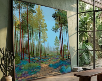 Hockney Style Forest Path Canvas, Colorful Contemporary Nature Wall Art, Modern Woodland Scene Decor, Vibrant Landscape Canvas Print