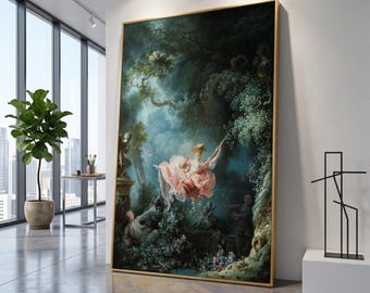 The Swing Canvas Wall Art, Rococo Garden Scene, Elegant Woman on Swing, Classic Floral Canvas, Vintage Romantic Decoration