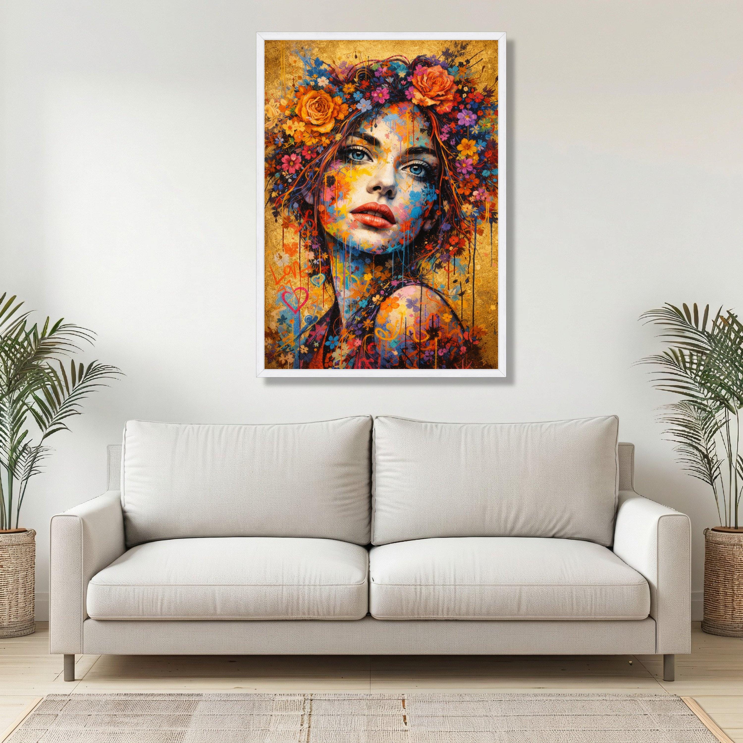Vibrant Floral Portrait Canvas, Colorful Woman Face Wall Art, Abstract ...