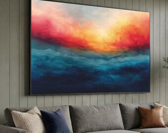 Lebendiges Sonnenuntergangs-Horizont-Leinwandbild, abstrakte Meereswellen-Wandkunst, farbenfrohe Himmelslandschaft auf Leinwand, moderne Wohndekoration, fertig zum Aufhängen
