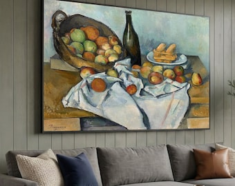 Paul Cézanne; Der Apfelkorb, Klassisches französisches impressionistisches Obst- und Tischmotiv, Eleganter Kunstdruck für die Wohnung