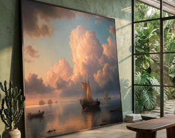 Vintage Sailboats Canvas, Tranquil Sunset Seascape Wall Art, Nautical Home Decoration, Jan Van Goyen