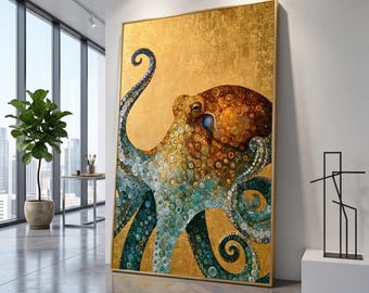Bunte, kunstvoll verzierte Oktopus-Leinwand, Wandbild mit goldenem Hintergrund, Meeresdekor, Leinwand mit nautischem Meeresmotiv, lebendige Dekoration zum Thema Ozean