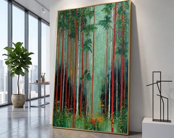 David Hockney Style Forest Scene Canvas Wall Art, Modern Abstract Tree Landscape, Vibrant Nature Decor, Green and Red Woodland Art Print