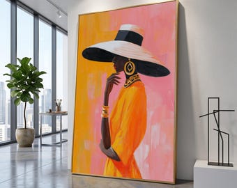 Elegant Woman in Wide Brim Hat Canvas, Fashion Portrait Wall Art, Modern Glamour Décor, Vibrant Orange and Pink Background, Chic Home