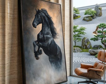 Majestätische schwarze Stallion-Leinwand, starke Pferdewandkunst, wilde Tierdekoration, rustikale Reiterleinwand