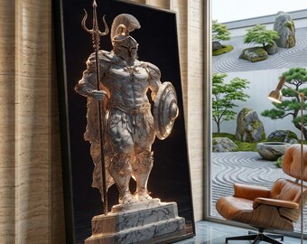 Majestic Spartan Warrior Statue Canvas, Ancient Greek Hero Wall Art, Marble Sculpture Print, Mythical Armor Decor, Ready to Hang Canvas