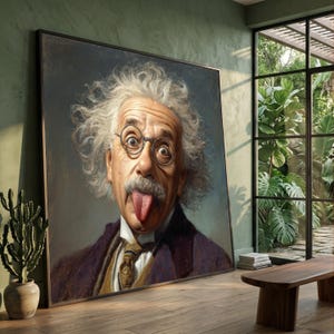 Whimsical Genius Portrait Canvas, Funny Albert Einstein Wall Art, Science Icon Decor, Quirky Expression Home Office Canvas Decoration