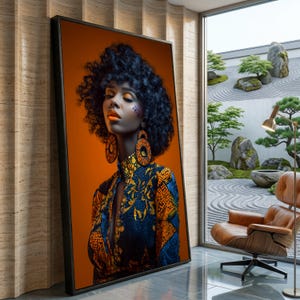 Afrocentric Fashion Portrait Canvas, Vibrant Orange Blue Wall Art, Bold Patterned Dress, Curly Hair Beauty Canvas, Modern Home Decor