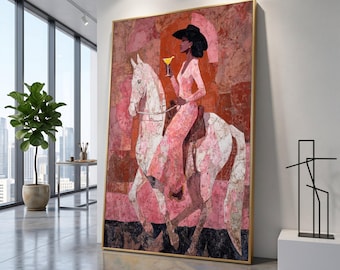 Elegant Woman on White Horse Canvas, Western Chic Wall Art, Lady with Cocktail Canvas, Fashion Lifestyle Decor, Stylish Home Accent