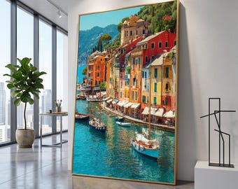 Vibrant Lake Como Harbor Scene, Italian Coastal Canvas, Colorful Village Waterfront, Mediterranean Travel Wall Art, Nautical Home Decor