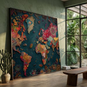 Ornate Floral World Map Canvas, Vintage Decorative Wall Art, Global Travel Decor, Colorful Geography Art, Ready to Hang Home Decoration