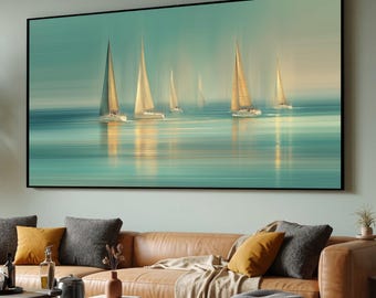 Peaceful Sailing Boats on Calm Sea Canvas, Nautical Wall Art, Coastal Ocean Scene, Sunlit Seascape Canvas, Modern Home Decoration