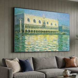 Claude Monet ; Palais des Doges, Venise-1 1908, vue sur le canal vénitien, art mural reflets d'eau, toile scène méditerranéenne