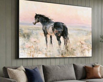 Black Horse in Pastel Meadow Canvas, Rustic Farm Animal Wall Art, Country Landscape Canvas, Soft Pink Sky Decoration, Home Living Room Art