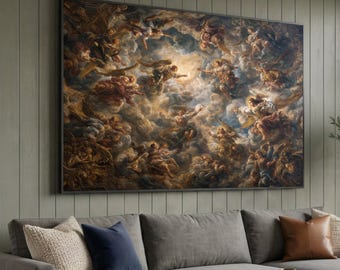 Baroque Celestial Angels Canvas, Renaissance Religious Art, Heaven Cloudscape Wall Decor