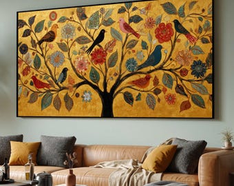 Gustav Klimt Inspired Canvas, Golden Tree with Colorful Birds Canvas, Floral Wall Art, Decorative Nature Scene, Elegant Home Wall Decor