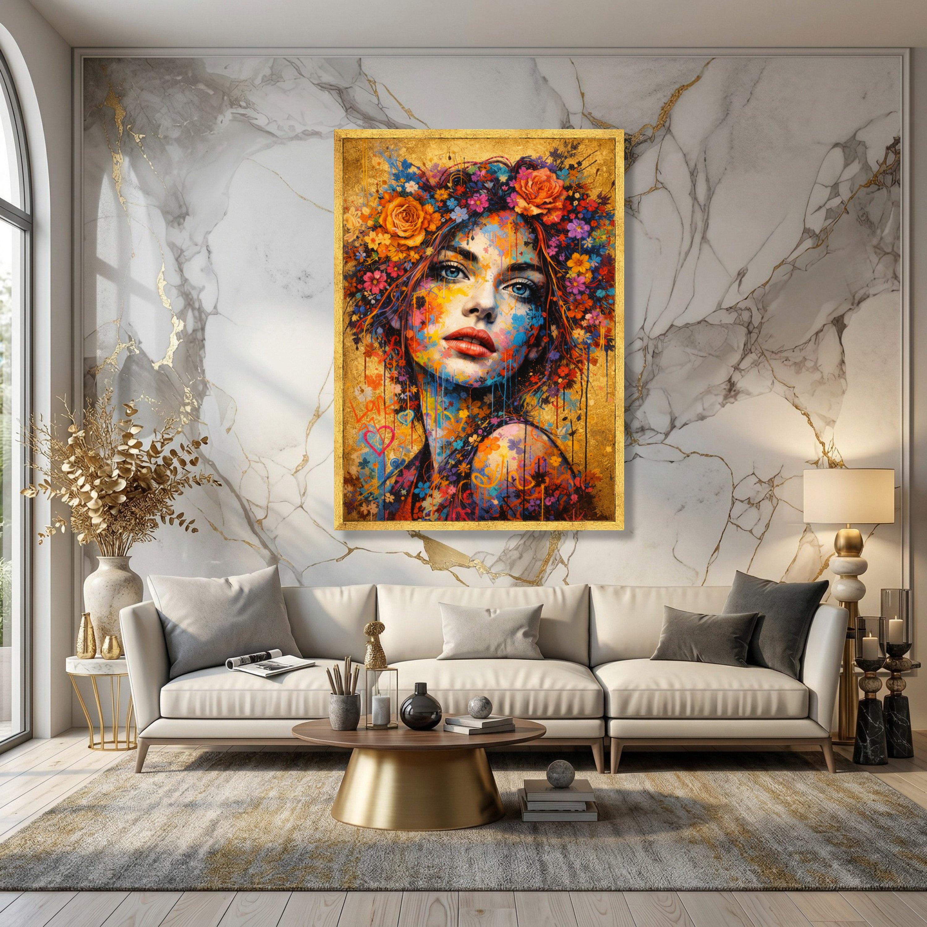 Vibrant Floral Portrait Canvas, Colorful Woman Face Wall Art, Abstract ...