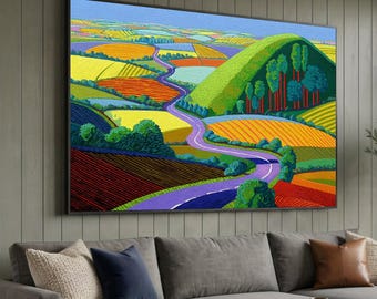 Bright Colorful Country Road Canvas, David Hockney Style Landscape, Modern Abstract Wall Art, Vibrant Scenic Canvas Decoration