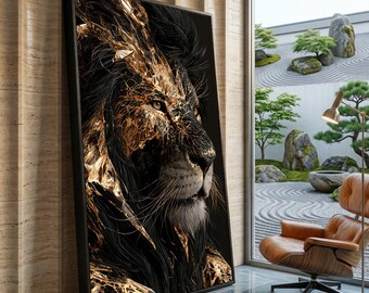 Majestätisches Löwen-Nahaufnahme-Leinwandbild, abstraktes Tierbild in Gold, Wildtierporträt auf Leinwand, moderne Wohndekoration, ausdrucksstarkes Löwengesicht-Design