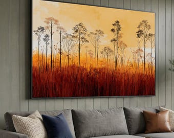 Autumn Meadow Scene Canvas, Golden Grass Wall Art, Rustic Nature Decor, Tall Wildflowers Canvas, Warm Earth Tone Wall Decoration