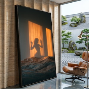 カーテンに映るシルエットの影、温かい夕焼けの輝きを描いたウォールアート、寝室のムード照明キャンバス、居心地の良い雰囲気のホームデコレーション