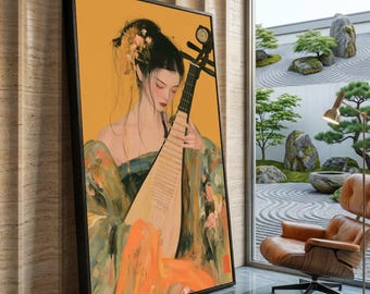 Elegante Frau spielt Pipa, traditionelles asiatisches Leinwandbild, orientalische Musikkunst, Wanddekoration im Vintage-Stil, Leinwand in sanften Farben