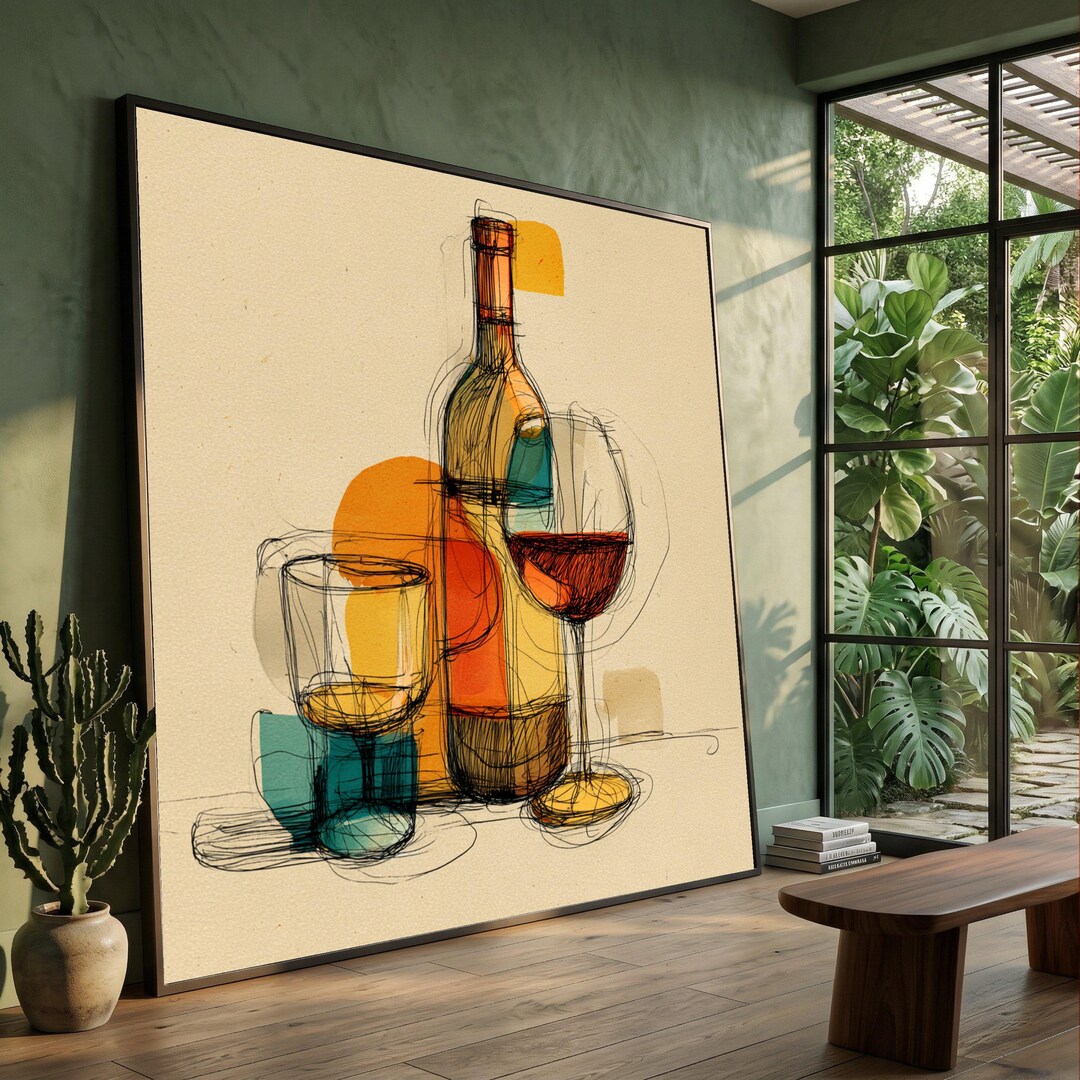 Modern Wine Bottle and Glasses Abstract Canvas, Colorful Wine Art ...