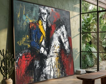 Napolyon Bonapart ; Abstract Military Leader on Horse Canvas, Bold Modern Wall Art, Colorful Historical Figure Canvas