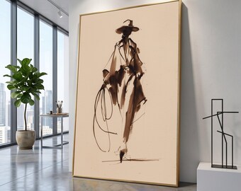 Chic Fashion Illustration Canvas, Stylish Woman with Hat Wall Art, Modern Minimalist Figure Drawing, Elegant Home Decor Canvas