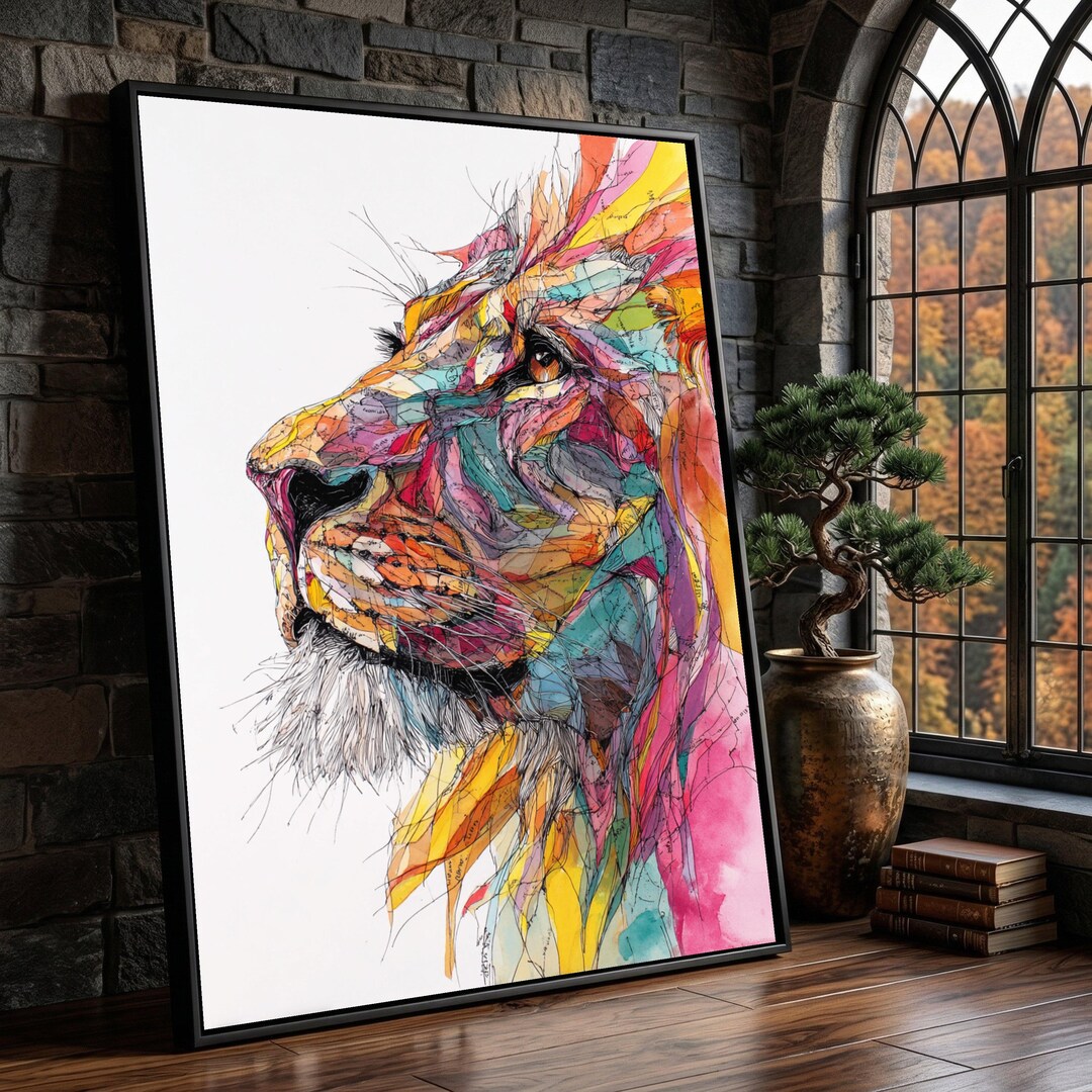 Vibrant Colorful Lion Portrait Canvas, Abstract Wildlife Wall Art ...