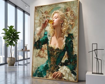 Elegant Baroque Lady Drinking Wine Canvas, Vintage Portrait Wall Art, Classic European Style, Cherubs Background Art, Decorative Home Canvas