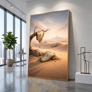 Surreal Melting Clocks in Desert Canvas, Dali Inspired Wall Art, Abstract Time Landscape, Modern Surrealism Canvas Decoration