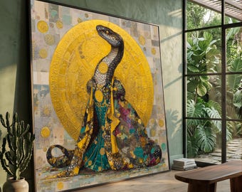 Gustav Klimt Style Wall Art, Regal Snake with Golden Halo Canvas,Decorative Animal Canvas, Luxurious Home Decor, Ready to Hang Artwork