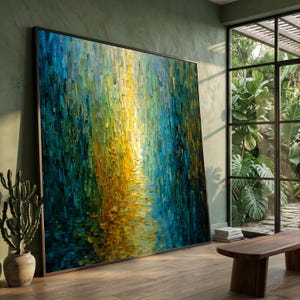 Lienzo abstracto de sendero forestal, arte mural con técnica impasto, paisaje azul y amarillo, decoración contemporánea de naturaleza en lienzo, obra de arte lista para colgar.