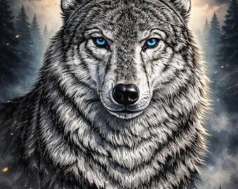 Può includere: Illustrazione dettagliata di un lupo con penetranti occhi blu. La pelliccia del lupo è un mix di grigio e bianco, con un focus sulla consistenza e la profondità. Lo sfondo presenta una foresta e un cielo nuvoloso, creando una scena drammatica.