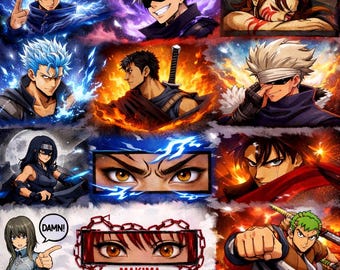 Può includere: Un collage di illustrazioni in stile anime con vari personaggi. L'opera presenta pose dinamiche, colori vivaci ed espressioni facciali dettagliate. Alcuni personaggi sono circondati da effetti energetici, mentre altri mostrano sguardi intensi. La parola "MAKIMA" è anche visibile.