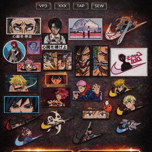 Pu&ograve; includere: Una collezione di toppe ricamate con personaggi e disegni di anime. Le toppe presentano vari colori e stili, con testo in giapponese e inglese. L'immagine include anche il testo "LIMITED-TIME PRICE" e "INSTANT DOWNLOAD".