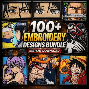 Puede incluir: Un conjunto de parches bordados con personajes y diseños de anime. Los parches presentan expresiones faciales detalladas y colores vibrantes. El texto "100+ EMBROIDERY DESIGNS BUNDLE" se muestra de forma destacada.