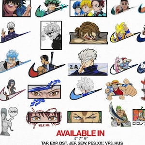 May include: A collection of embroidered patches featuring anime characters and manga art, designed in a Nike swoosh style. The patches are available in 4", 7", and 9" sizes. The text "AVAILABLE IN" is displayed below the patches.