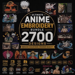 Peut inclure: Une image présentant un ensemble de broderies d'anime. Le design central indique "ULTIMATE ANIME EMBROIDERY BUNDLE 2700 DESIGNS". Divers patchs de broderie de personnages d'anime entourent le design central. L'image comprend également le texte "MASSIVE COLLECTION | PREMIUM QUALITY".