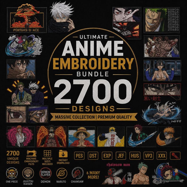 Pu&ograve; includere: Un'immagine che mostra un pacchetto di ricami anime. Il design centrale recita "ULTIMATE ANIME EMBROIDERY BUNDLE 2700 DESIGNS". Varie toppe ricamate di personaggi anime circondano il design centrale. L'immagine include anche il testo "MASSIVE COLLECTION | PREMIUM QUALITY".