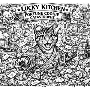 Teddy Tails - Lucky Kitchen - Fortune Cookie Catastrophe | Cat‑Themed Maximalist Coloring Page | Printable Adult Art | Instant Download